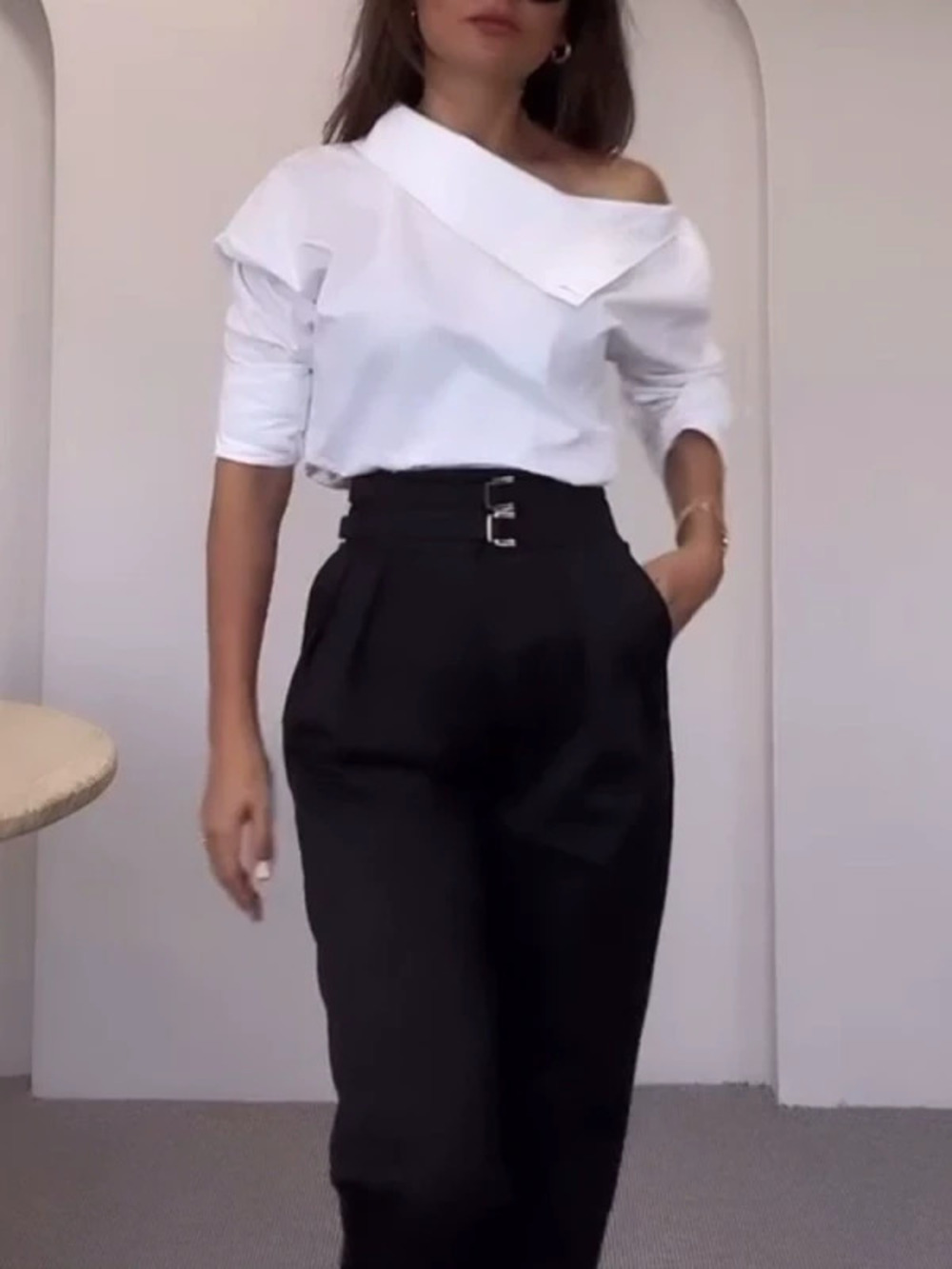 ZARA Elegant Off Shoulder High Neck Metal Button Blouse